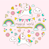 Hand drawn white unicorn in magic world design template for print-on-demand