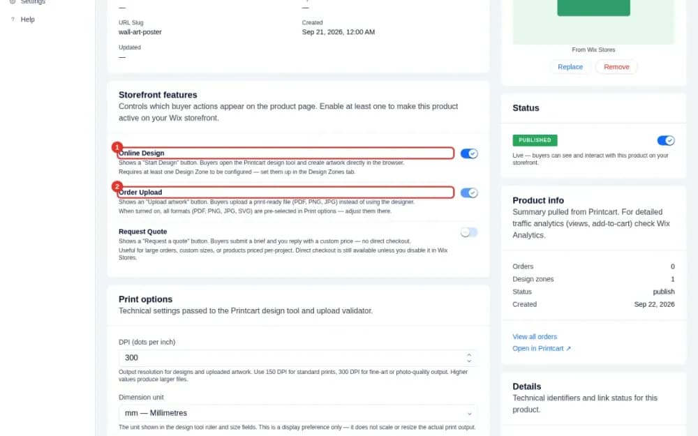 Online Design and Order Upload toggles turned on