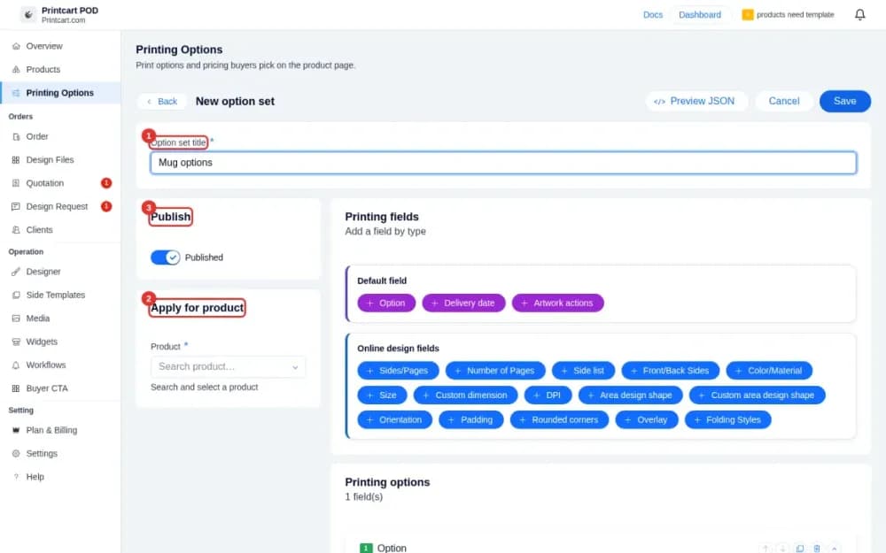 New option set form with title, publish and product fields