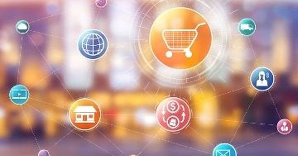 Connected e-commerce platforms and apps around a shopping cart icon