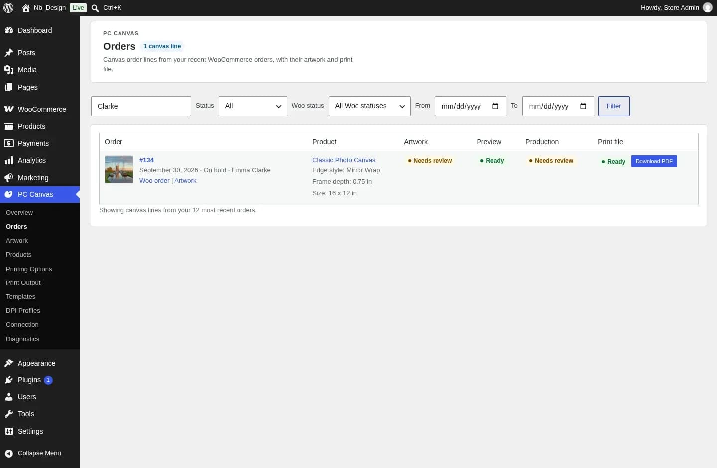 PC Canvas Orders screen listing canvas order lines with artwork, preview and print file status