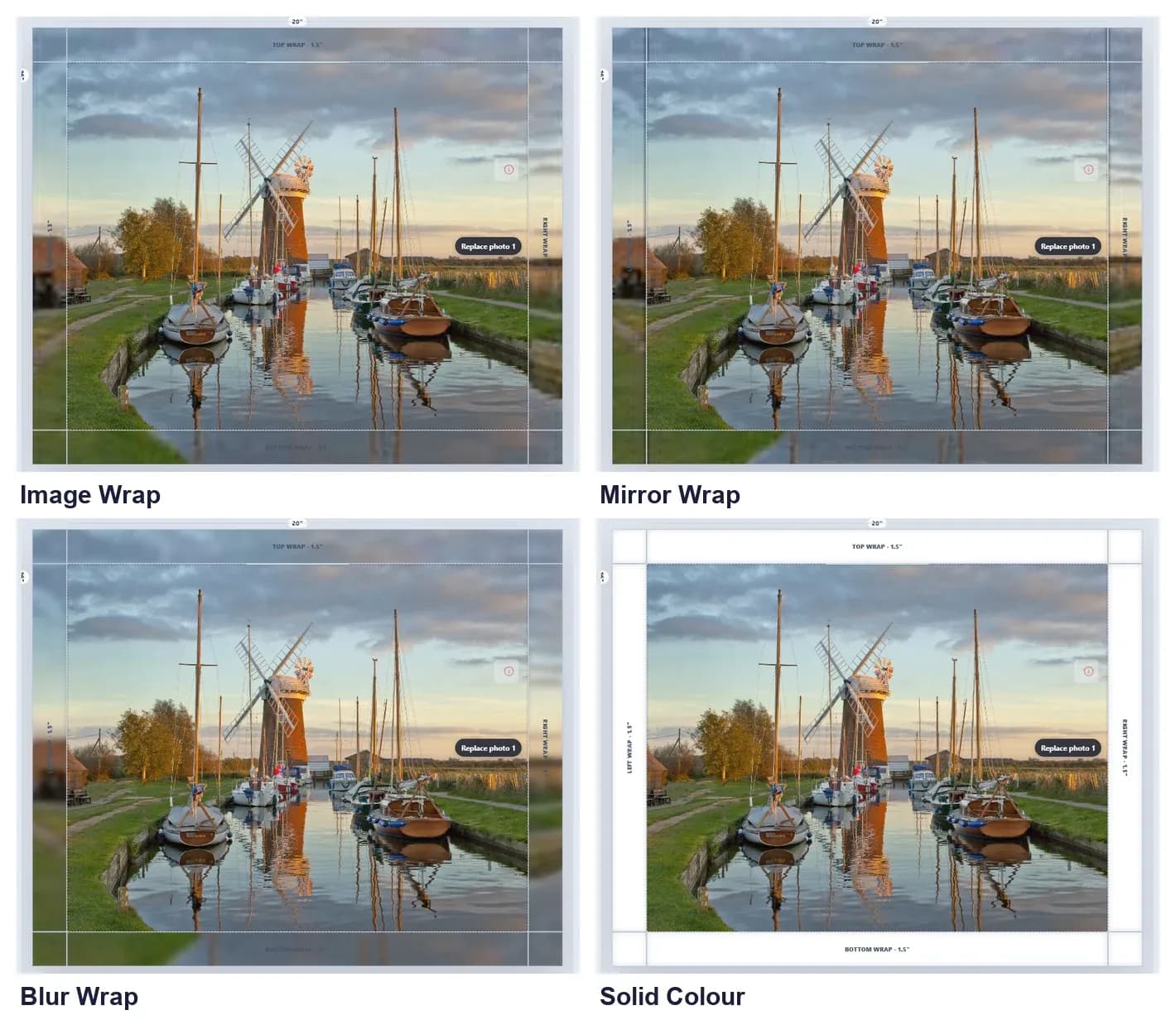 Printcart Canvas edge-wrap preview showing the same photo with four edge styles: Image Wrap, Mirror Wrap, Blur Wrap and Solid Colour