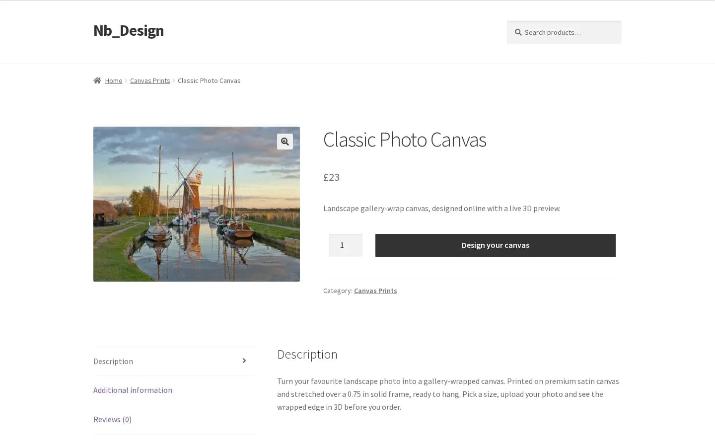 WooCommerce canvas product page with a Design your canvas button