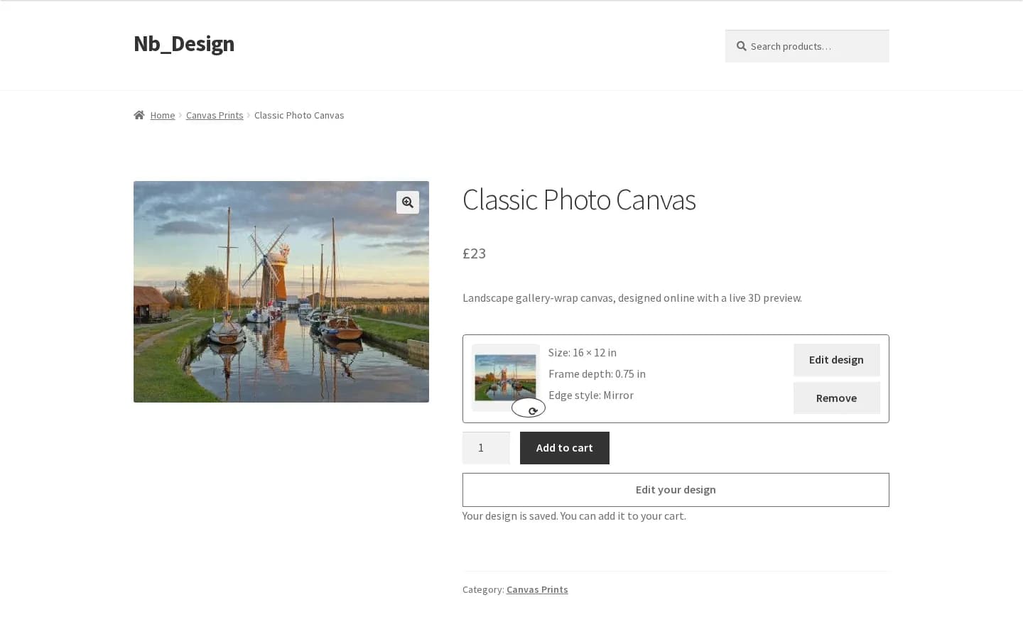 WooCommerce product page showing the saved canvas design with its size, depth and edge style