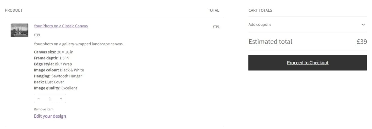 WooCommerce cart listing every canvas choice with an Edit your design link