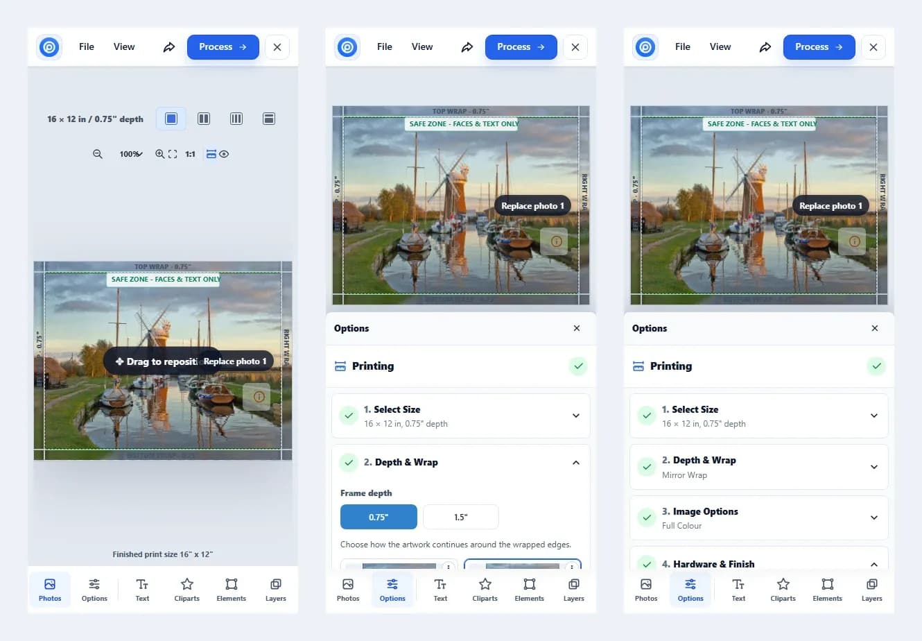 Printcart Canvas designer on a phone with a bottom tab bar and option sheets