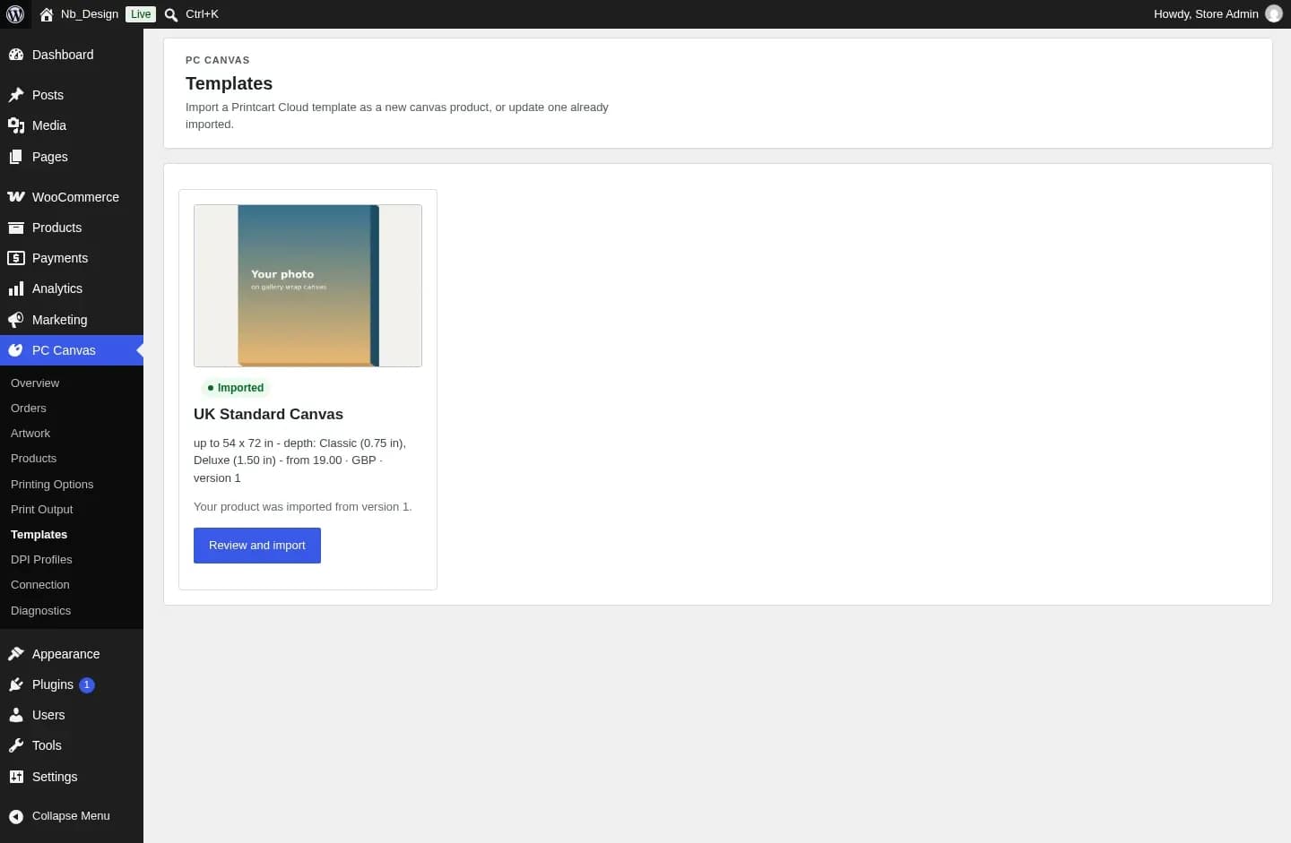 PC Canvas Templates screen for importing a ready-made canvas product from the Printcart template library