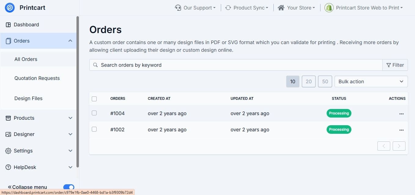 Review incoming orders and uploaded design files in the Orders list