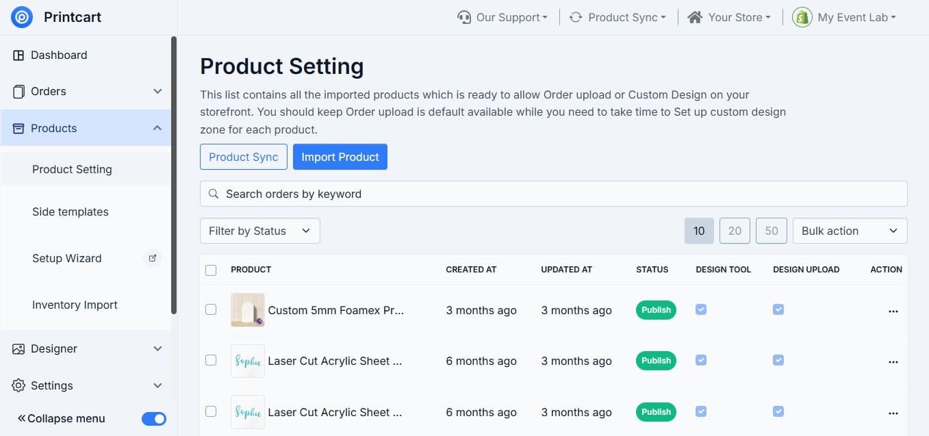 Manage imported products and turn on design or upload for each one
