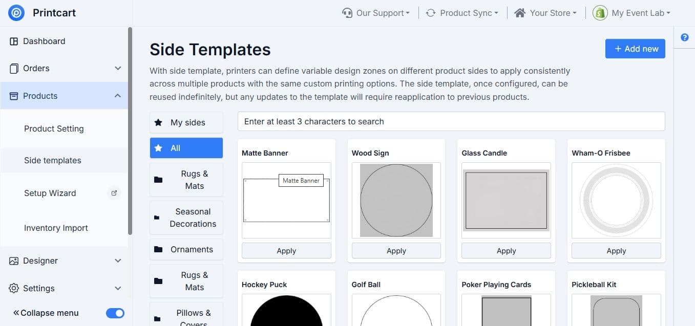 Apply side templates to define design areas on your products