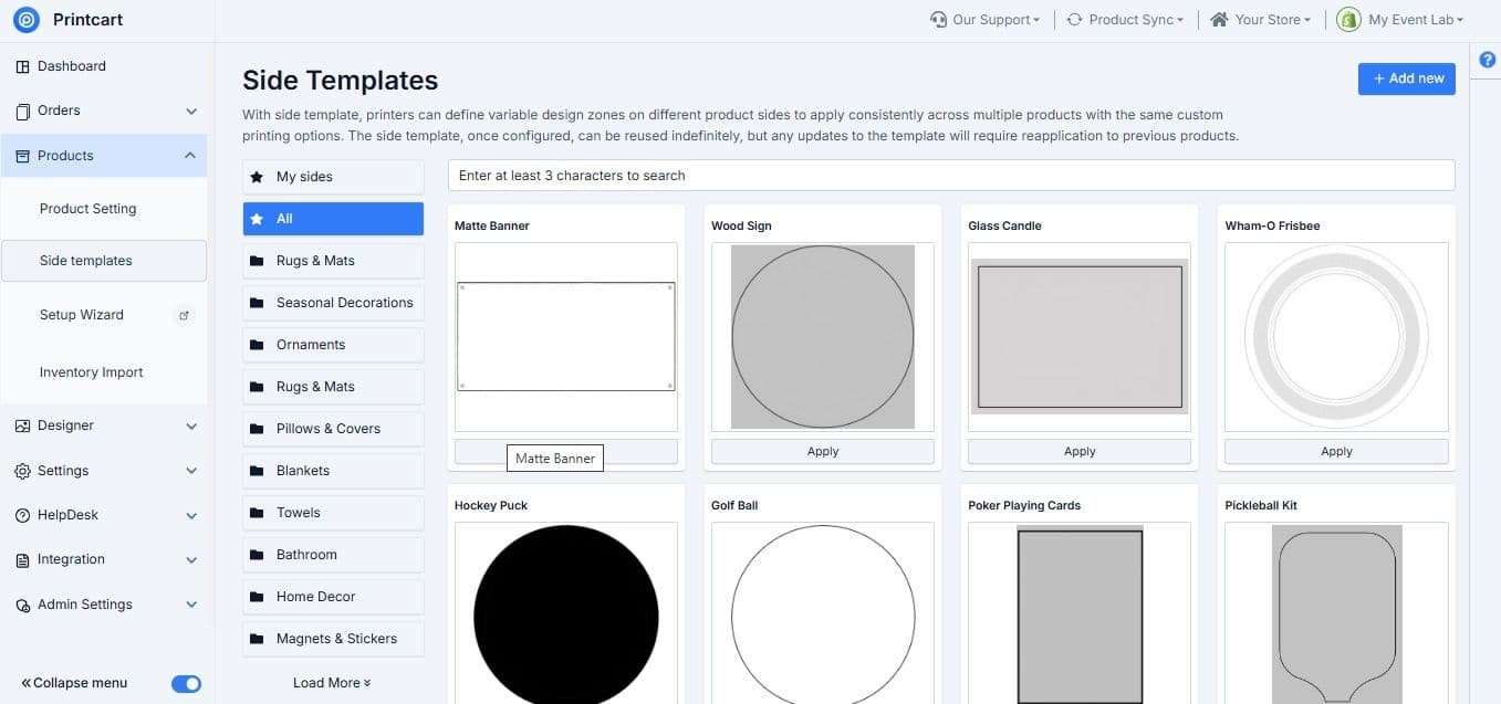 Browse side templates by category