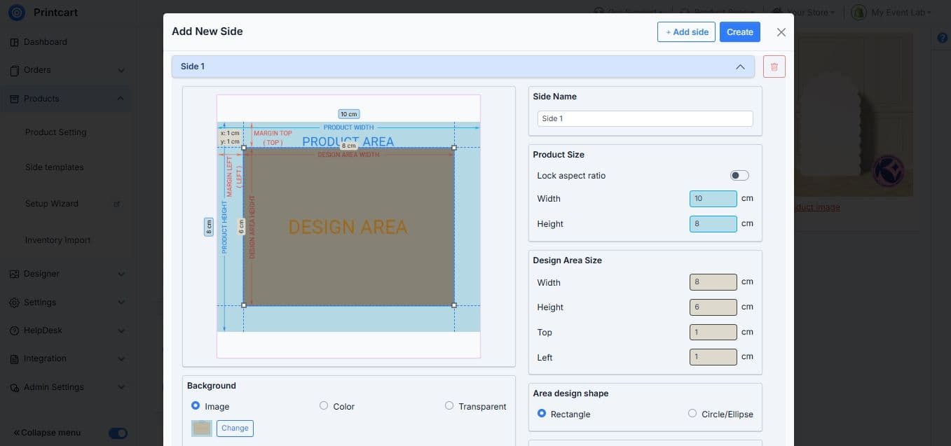 Add a new side and set the design area on a product