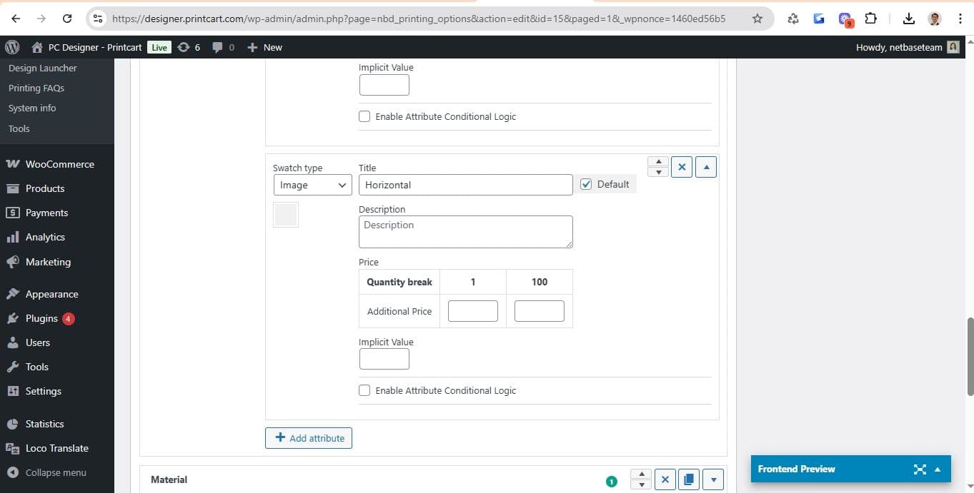 Add attributes to a printing option with swatches, prices and quantity breaks