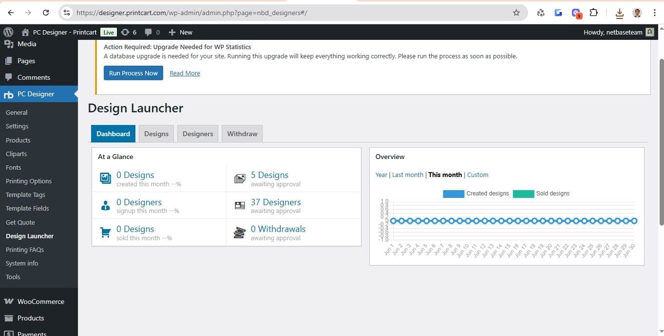 See the Design Launcher dashboard with an overview of designs and designers