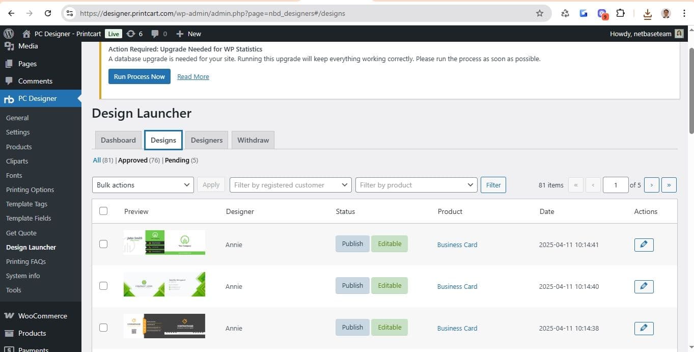 Review submitted designs with previews, status and product in the Design Launcher
