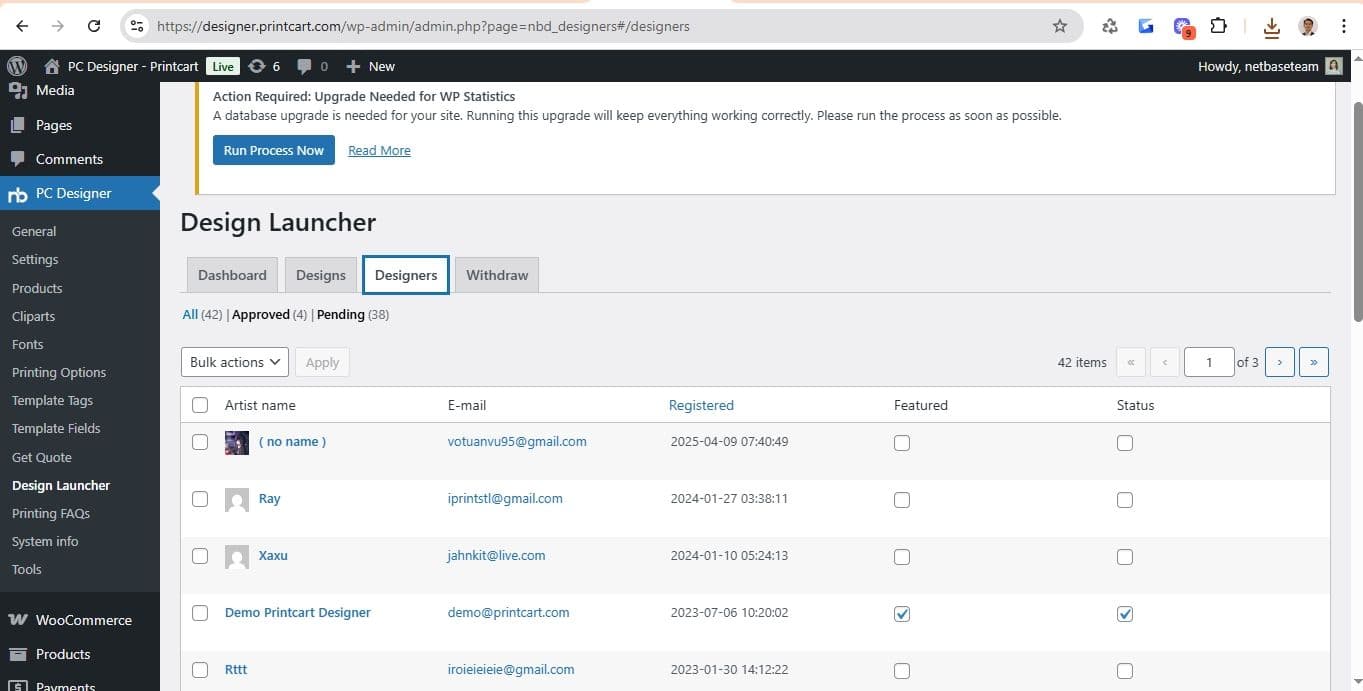 Review designers and their approval status in the Design Launcher