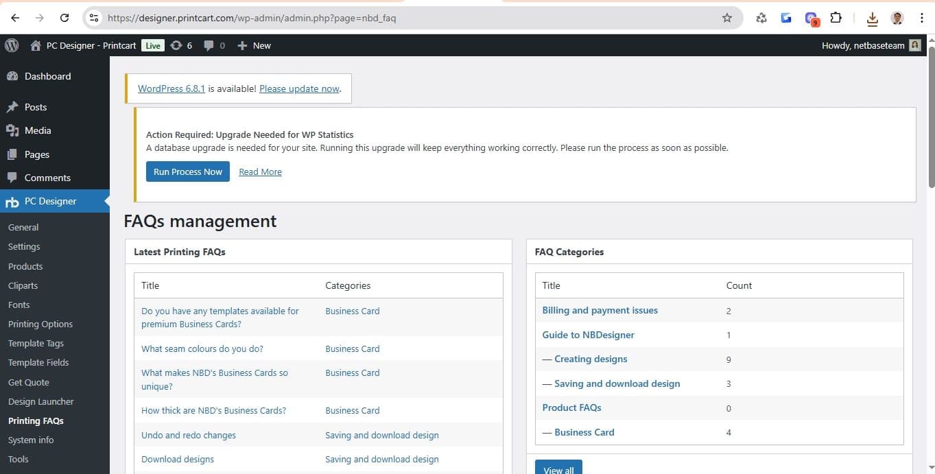 Manage printing FAQs and FAQ categories in the PC Designer admin