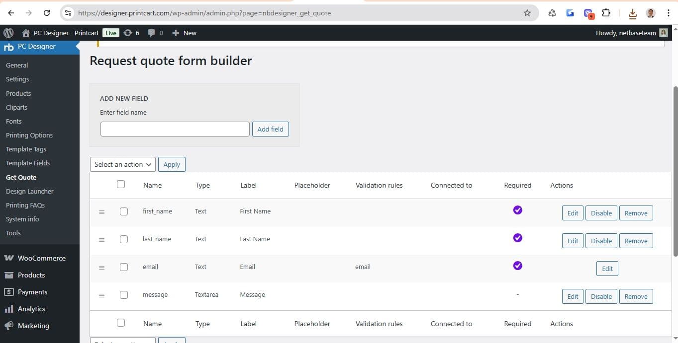 Build a request-a-quote form by adding and ordering fields
