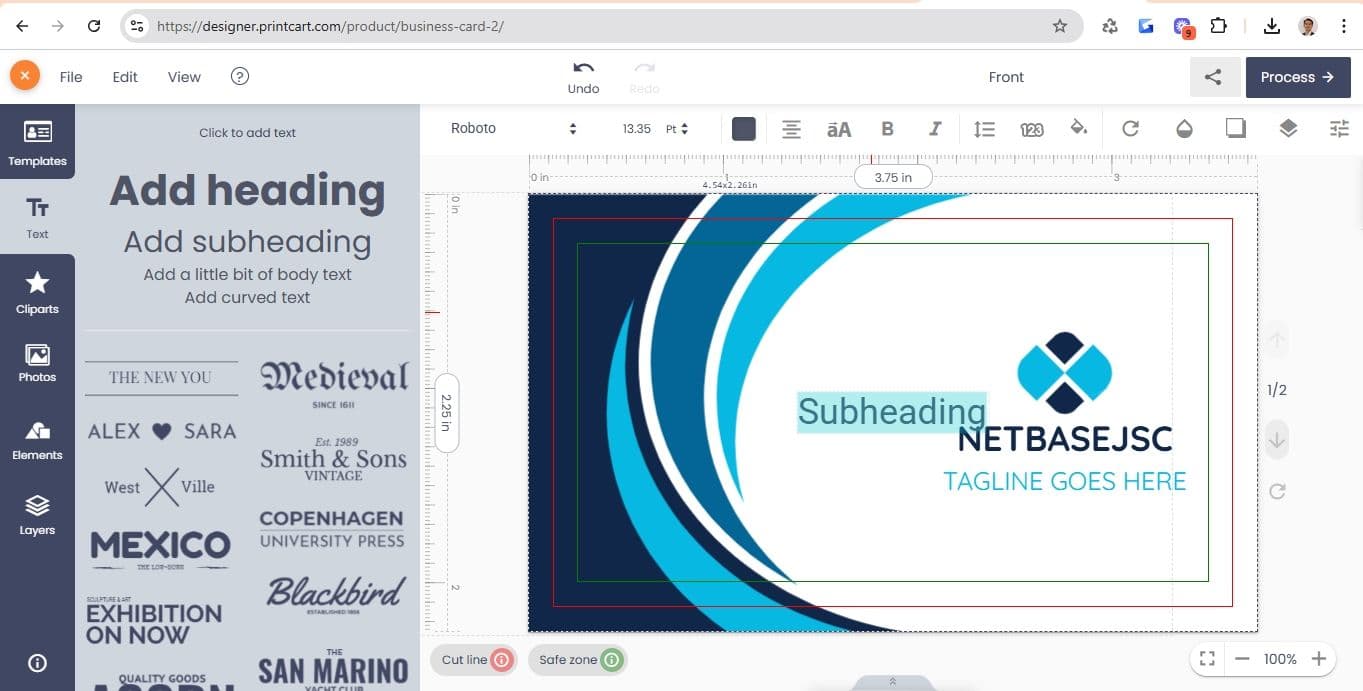 Edit a business card in the drag-and-drop designer with text, fonts and templates