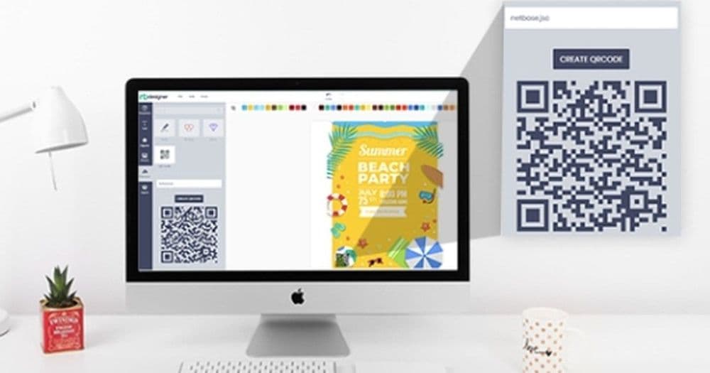 Designer shown on a desktop monitor next to a QR code