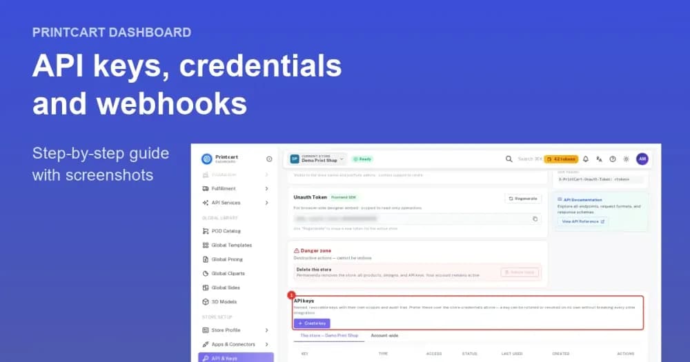 Cover: API keys and webhooks (Printcart Dashboard)
