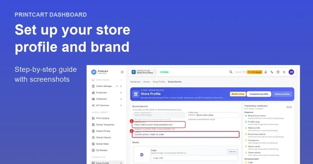 Cover: Store profile and brand settings (Printcart Dashboard)