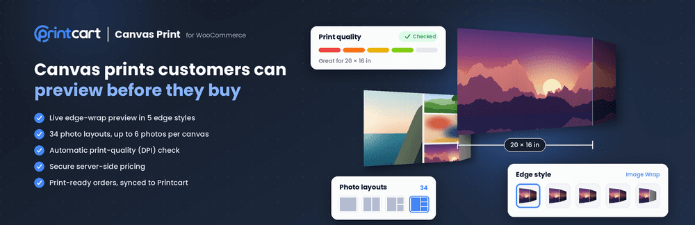 Printcart Canvas banner: canvas print designer with edge-wrap preview for WooCommerce