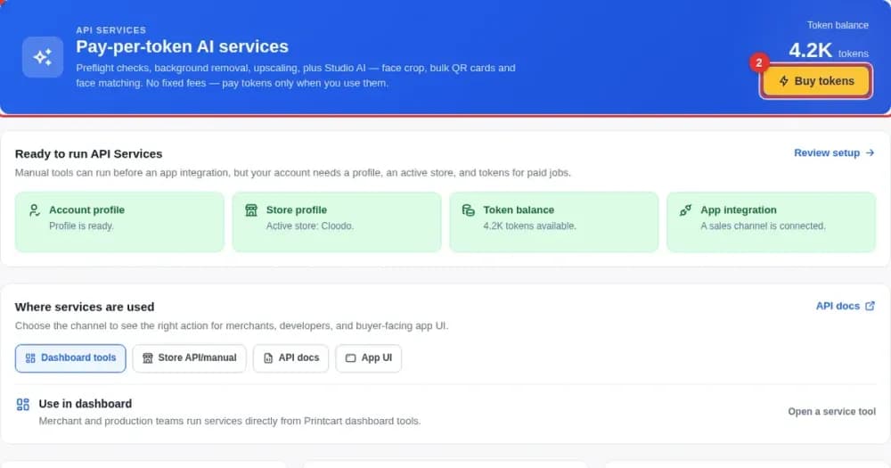 Printcart Dashboard API Services overview with token balance and AI tool cards