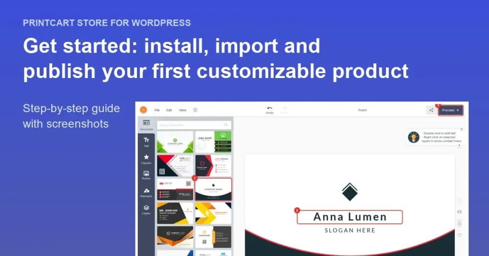 Cover: Get started with Printcart Store for WordPress, with a screenshot of the product designer