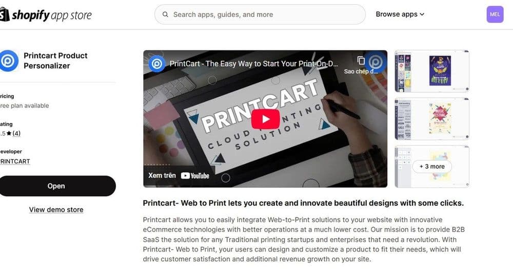 Printcart Product Personalizer listing in the Shopify App Store