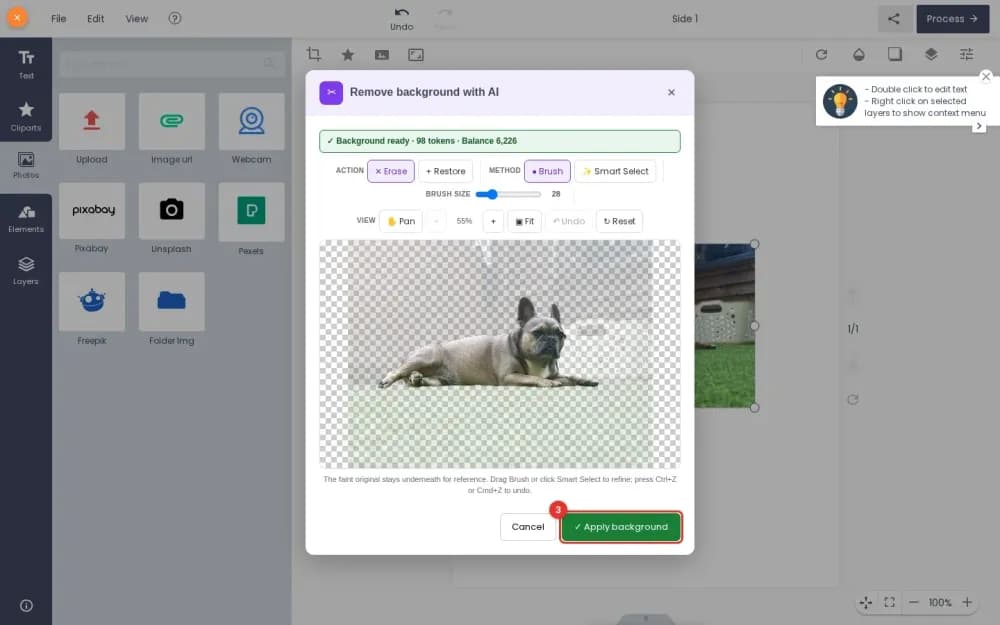 Remove background result in the designer showing the dog on a checkerboard, the cost line, and the Apply background button marked 3